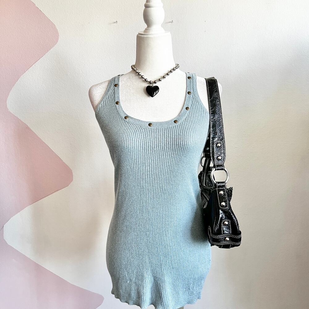 Blue Studded Ribbed Tank Top Y2K Grunge Edgy‎ 2000s Clubwear Emo Punk Medium